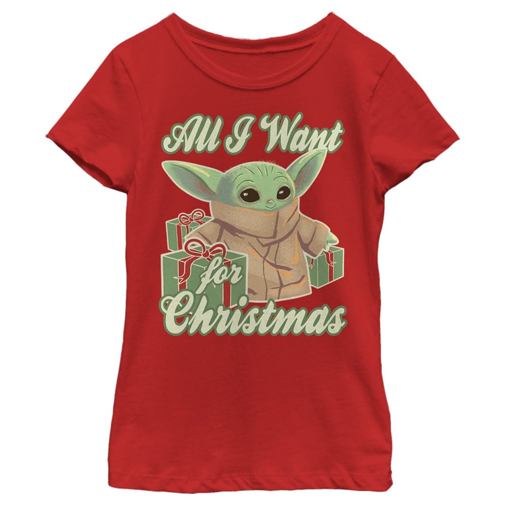 The Mandalorian Girl's Star Wars Grogu All I Want for Christmas T-Shirt - Red - X Large