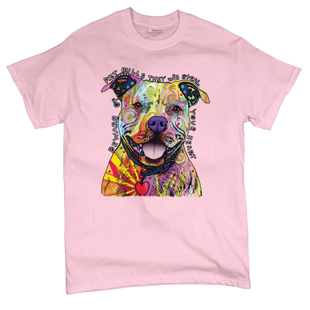 Beware of Pit Bull T-Shirt Dean Russo Art Colorful Cute Dog Men's Tee Light Pink XX-Large