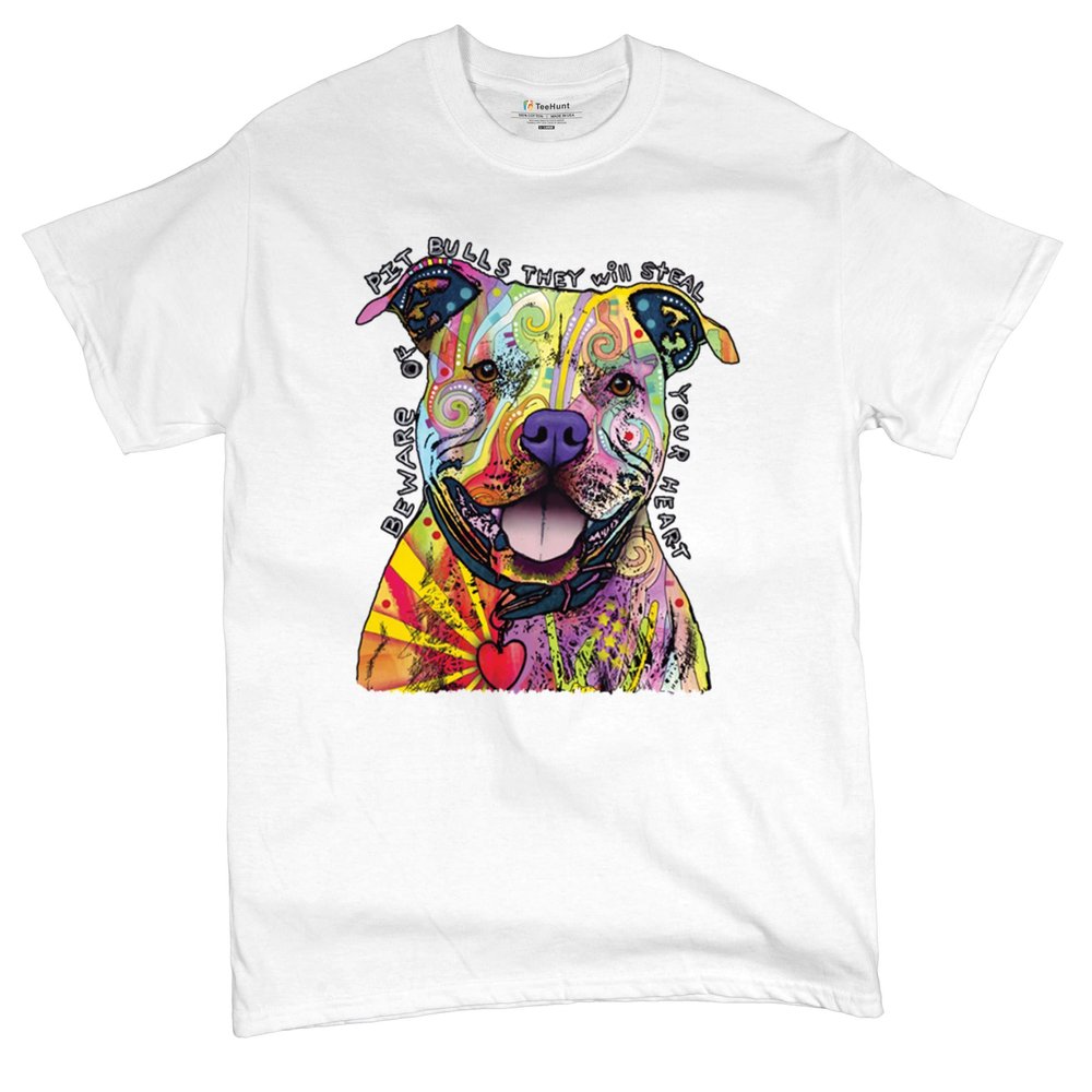 Beware of Pit Bull T-Shirt Dean Russo Art Colorful Cute Dog Men's Tee White Small