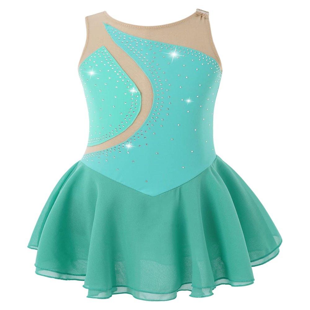 Oyolan Kids Girls Ice Skating Sparkle Diamond V-Shaped Sheer Tulle Splice Leotard A-line Dress for Latin Jazz Green H 10 Years
