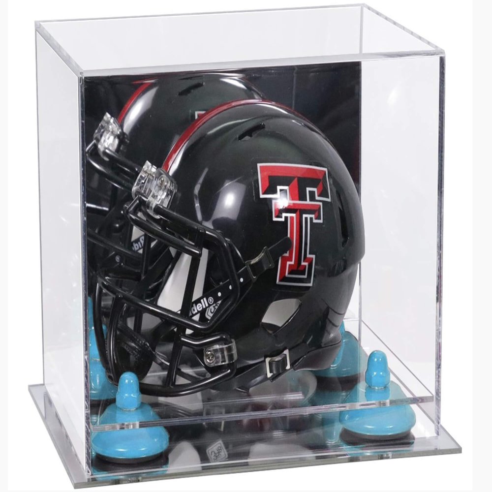 Better Display Cases Acrylic Mini - Miniature Football Helmet (not Full Size) Display Case with Mirror Case, Light Blue Risers and Mirror Base (V45/A003)