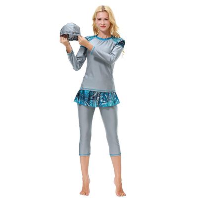 Burkini Swimsuits for Women Modest Swimwear Muslim Swimming Costume Long Sleeve Floral Top Pants Hijab Islamic Bathing Suit Sun Protect Rash Guard Surfuring Clothes 3PCS Sets Gray Medium