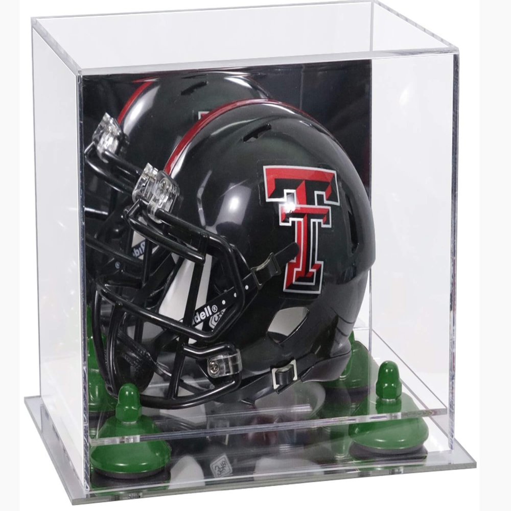 Better Display Cases Acrylic Mini - Miniature Football Helmet (not Full Size) Display Case with Mirror Case, Green Risers and Mirror Base (V45/A003)