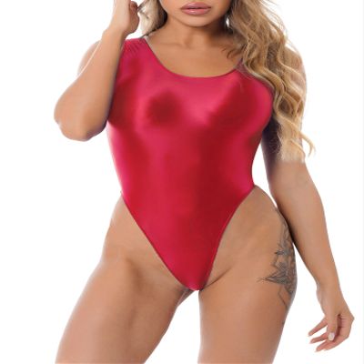 Jugaoge Womens Shiny Oil High Cut Thong Bodysuit Monokini Swimsuit Sleeveless Lingerie Leotards Red Medium