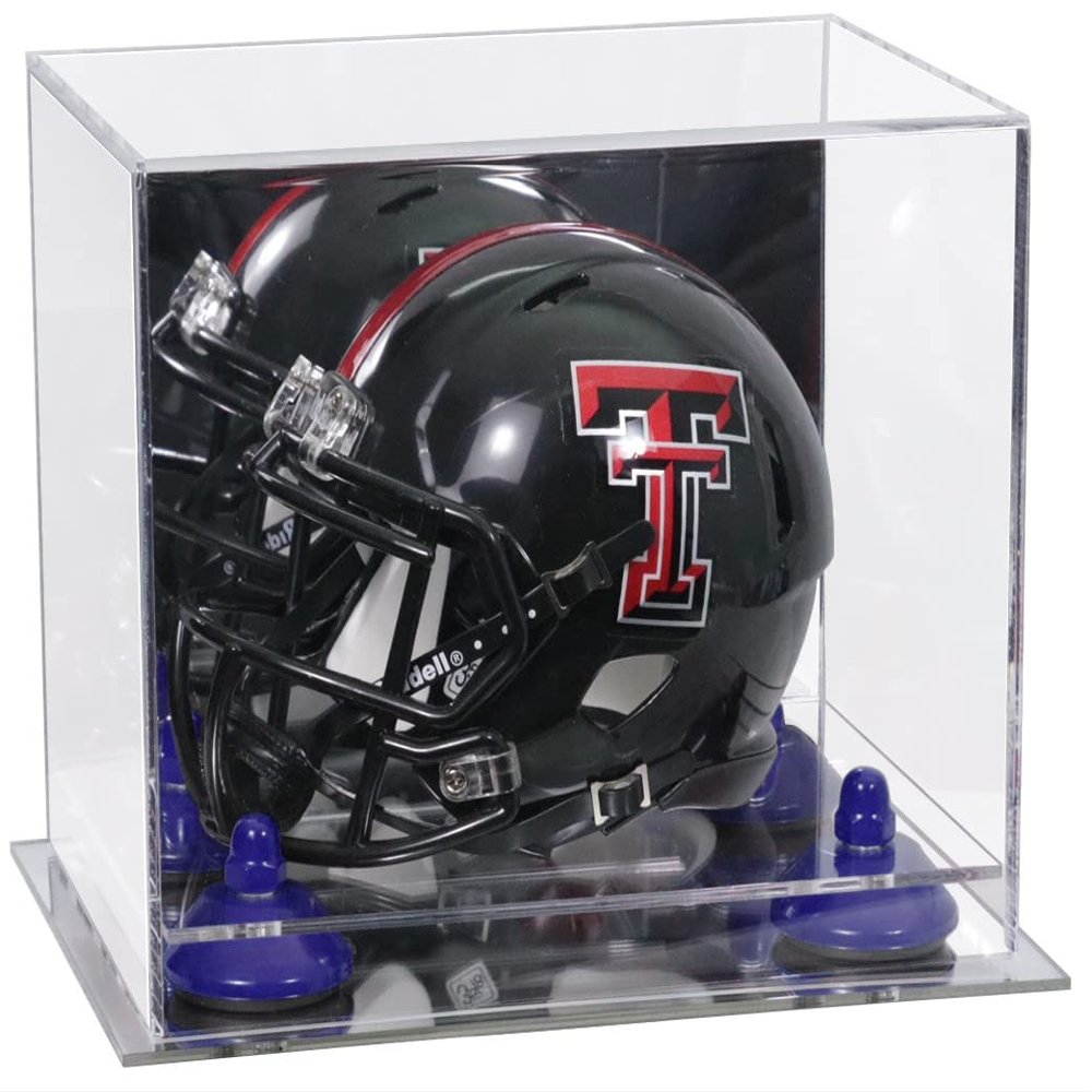 Better Display Cases Acrylic Mini - Miniature Football Helmet (not Full Size) Display Case with Mirror Case, Navy Blue Risers and Mirror Base (V45/A003)