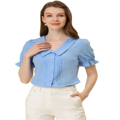 Allegra K Button Down Shirt for Women's Pleated Short Sleeve V Neck Top Small Blue