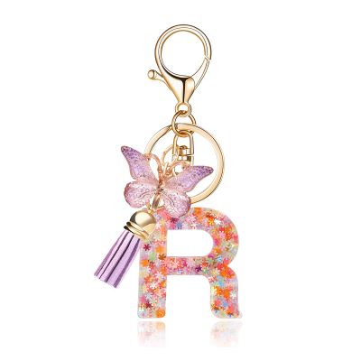 OKAICEN Fashion Snowflakes Alphabet Initial Letter Keychain Purple Tassel Butterfly Pendant Key Ring for Purse Handbags Women Girl ('R')