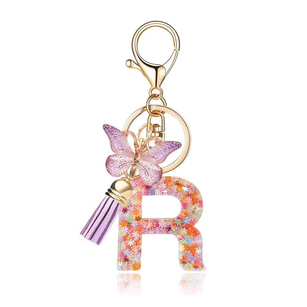 OKAICEN Fashion Snowflakes Alphabet Initial Letter Keychain Purple Tassel Butterfly Pendant Key Ring for Purse Handbags Women Girl ('R')