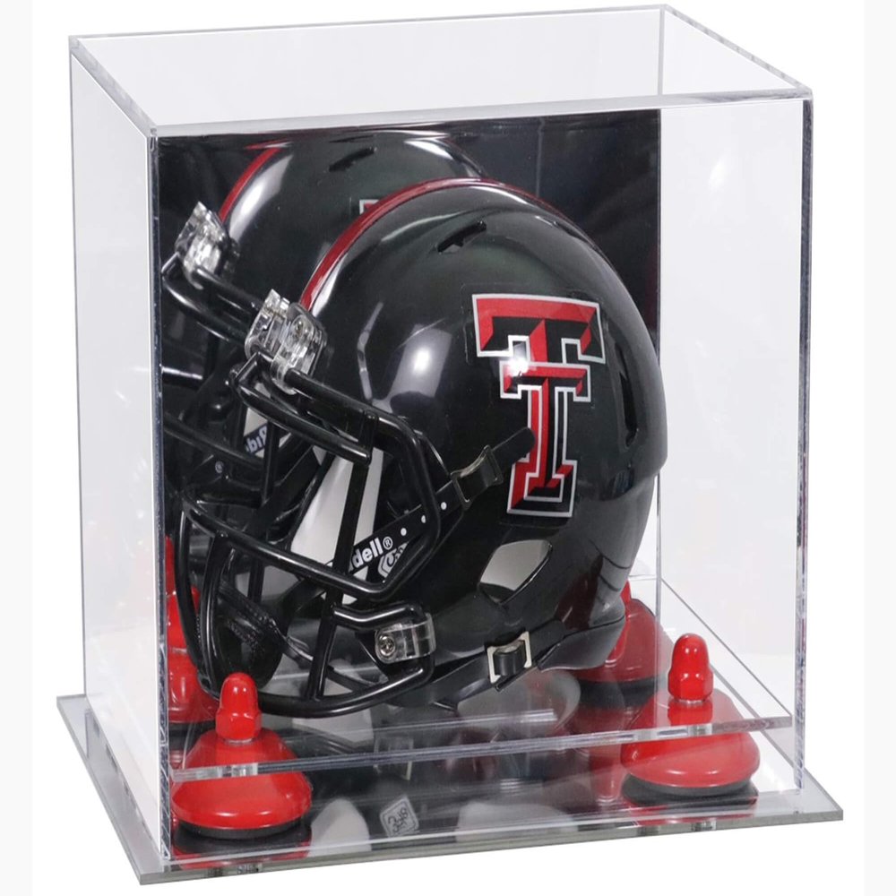 Better Display Cases Acrylic Mini - Miniature Football Helmet (not Full Size) Display Case with Mirror Case, Red Risers and Mirror Base (V45/A003)