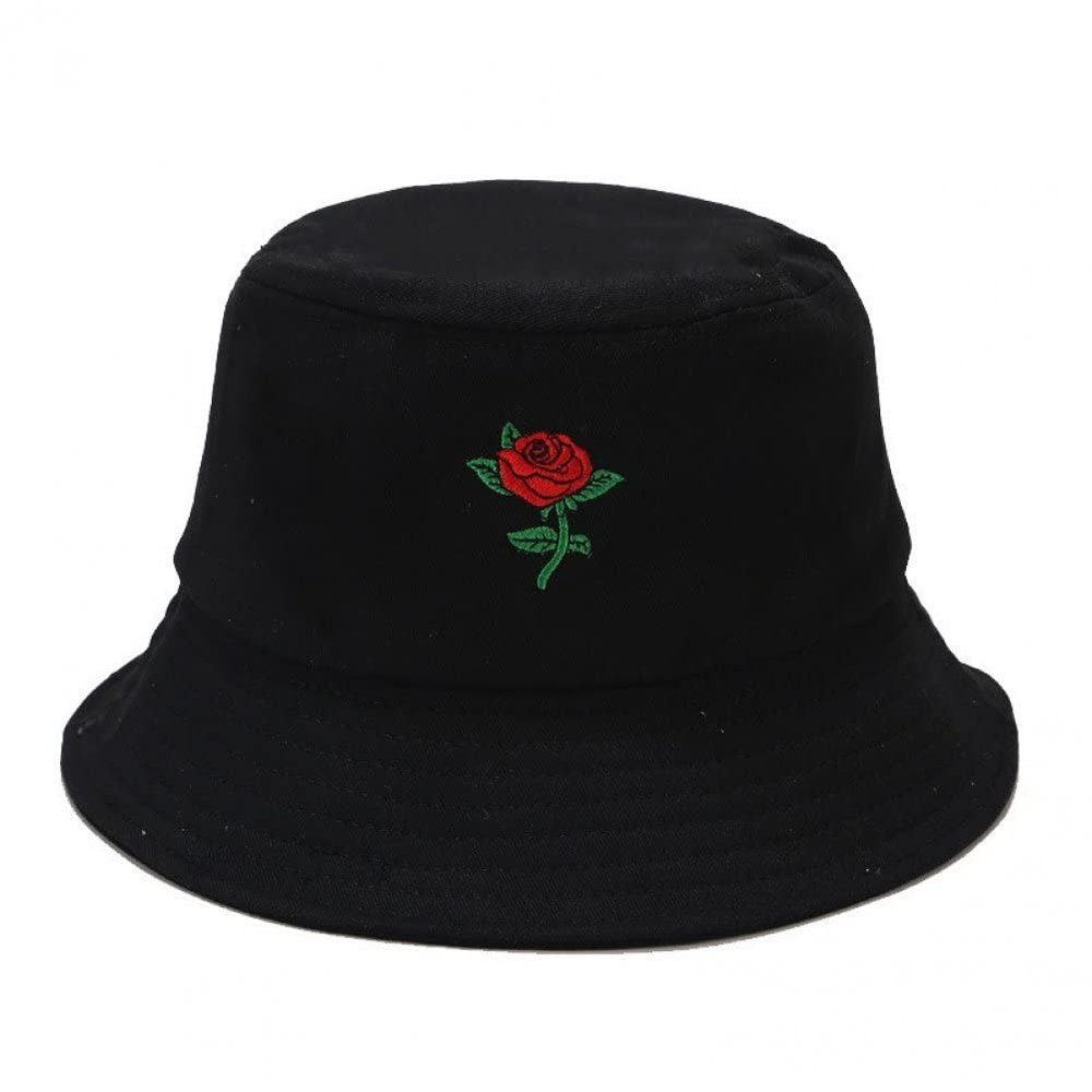 Ruluti Unisex Fashion Rose Embroidered Bucket Hat Summer Fisherman Outdoor Foldable Cap for Men Women Teens