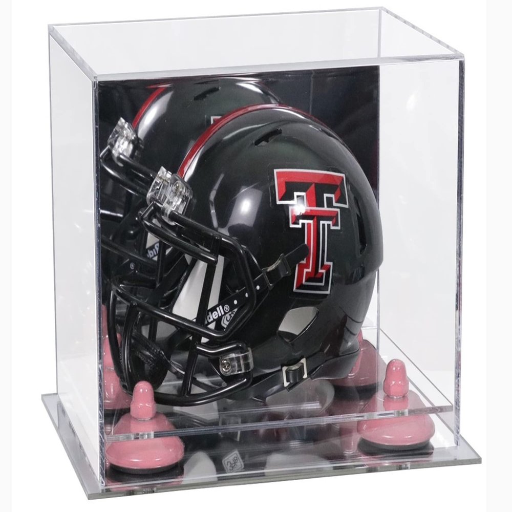 Better Display Cases Acrylic Mini - Miniature Football Helmet (not Full Size) Display Case with Mirror Case, Pink Risers and Mirror Base (V45/A003)