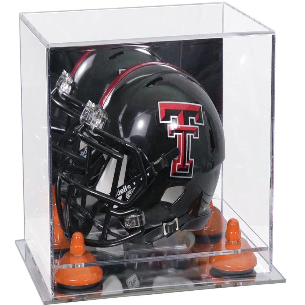 Better Display Cases Acrylic Mini - Miniature Football Helmet (not Full Size) Display Case with Mirror Case, Orange Risers and Mirror Base (V45/A003)