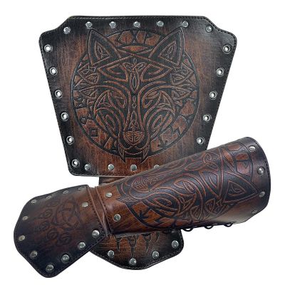 HiiFeuer Viking Fenrir Gauntlet, Medieval Faux Leather Arm Armor Knight Bracer, LARP Halloween Costume (Brown B)