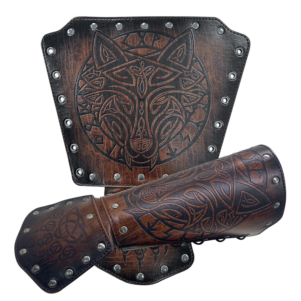 HiiFeuer Viking Fenrir Gauntlet, Medieval Faux Leather Arm Armor Knight Bracer, LARP Halloween Costume (Brown B)