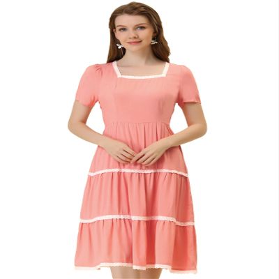 Allegra K Midi Dress for Women's Short Sleeve Tiered Square Neck Long Dresses Large Pink