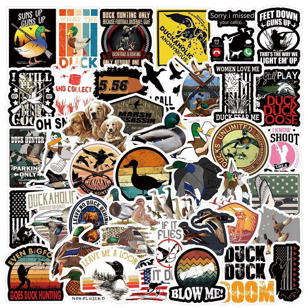 52Pcs Duck Hunting StickersGo Hunting Adventure Sticker Decals for Water Bottle, Laptop, Phone, Skateboard, Car, Bumper, for Party Supplies Favors Decor