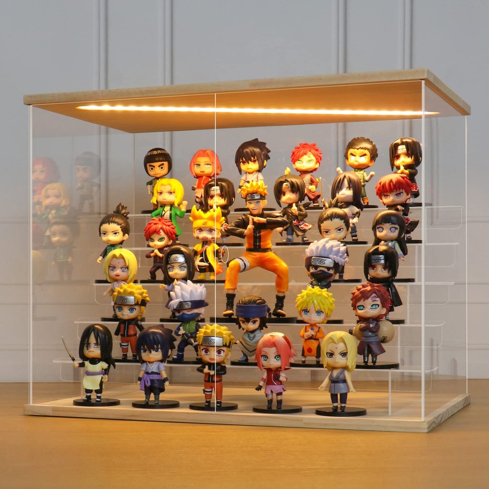 LANSCOERY LED Lighted Acrylic Display Case, 6 Tier Display Box for Collectibles and Action Figures, Clear Dustproof Organizer with Wooden Base  19.3x11.8x14.7inch