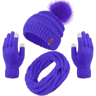 Aneco Womens Winter Warm Sets Knitted Fur Pompoms Beanie Hat Circle Loop Scarf Touch Screen Gloves Winter Favor Accessories