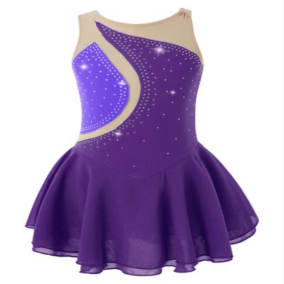 Oyolan Kids Girls Ice Skating Sparkle Diamond V-Shaped Sheer Tulle Splice Leotard A-line Dress for Latin Jazz Purple H 12 Years