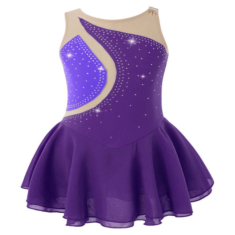 Oyolan Kids Girls Ice Skating Sparkle Diamond V-Shaped Sheer Tulle Splice Leotard A-line Dress for Latin Jazz Purple H 12 Years