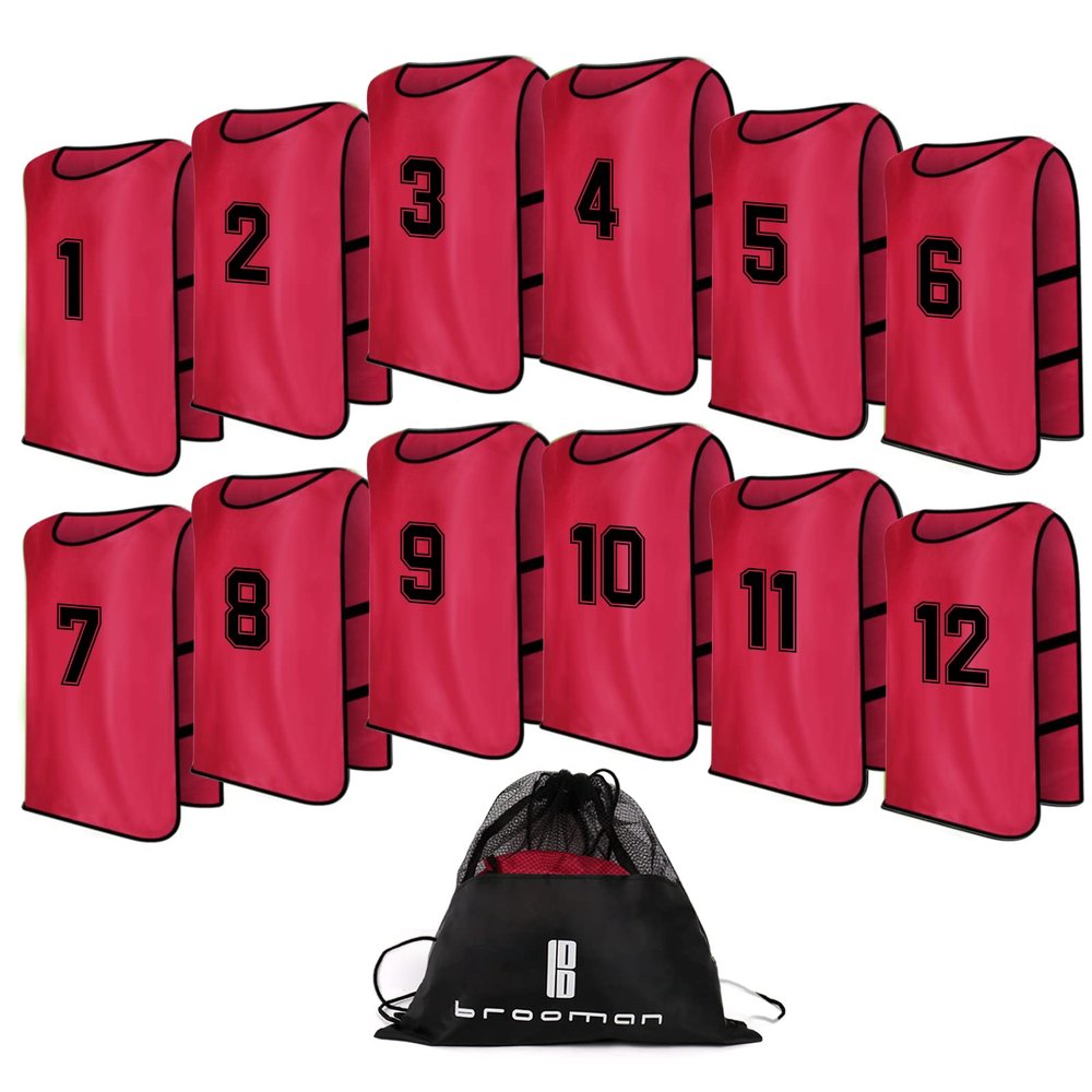 brooman Scrimmage Training Vest Kids Youth Adult Soccer Practice Jersey Athletic Pinnies (M,Red-1)