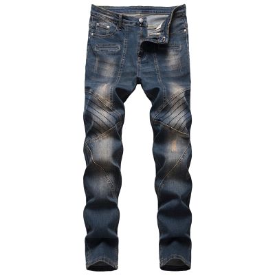 Men's Distressed Washed Stretch Jeans Ripped Slim Fit Biker Denim Pants Vintage Moto Straight Leg Comfy Jean (Dark Blue,30)