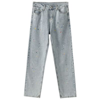 Maiyifu-GJ Men Distressed Paint Splatter Jeans Vintage Washed Straight Fit Denim Pants Retro Hip Hop Loose Jean Trousers (Light Blue,X-Small)