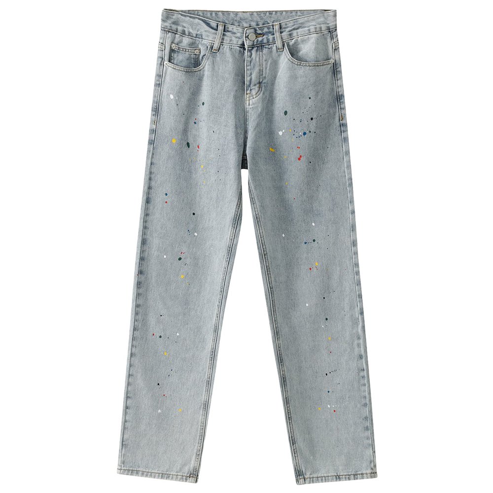 Maiyifu-GJ Men Distressed Paint Splatter Jeans Vintage Washed Straight Fit Denim Pants Retro Hip Hop Loose Jean Trousers (Light Blue,X-Small)