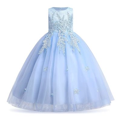 MYRISAM Girls Embroidered Lace Flower Dress Sleeveless Wedding Party Prom Princess Birthday Pageant Evening Long Tulle Gown Sky Blue 6-7T
