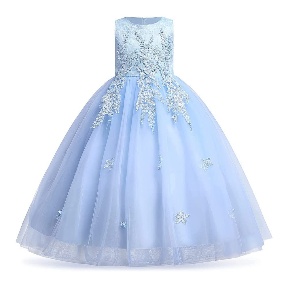 MYRISAM Girls Embroidered Lace Flower Dress Sleeveless Wedding Party Prom Princess Birthday Pageant Evening Long Tulle Gown Sky Blue 6-7T