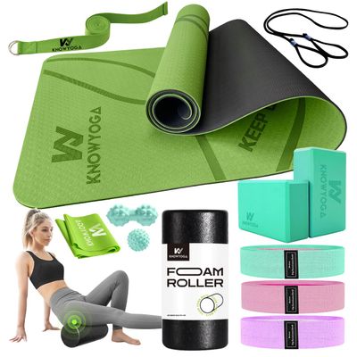 Yoga Starter Kit 12 in 1 - Mat, Blocks, Foam Roller, 4 Resistance Bands With Strap, 2 Peanut Massage Balls for Women & Men, Beginners