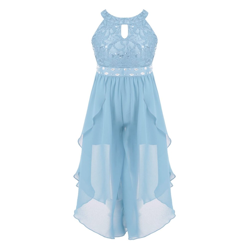 YOOJIA Kids Girls Sleeveless Sequined Lace Birthday Party Flower Girl Dress Shiny Rhinestone Formal Dance Romper Gown Sky Blue C 16 Years