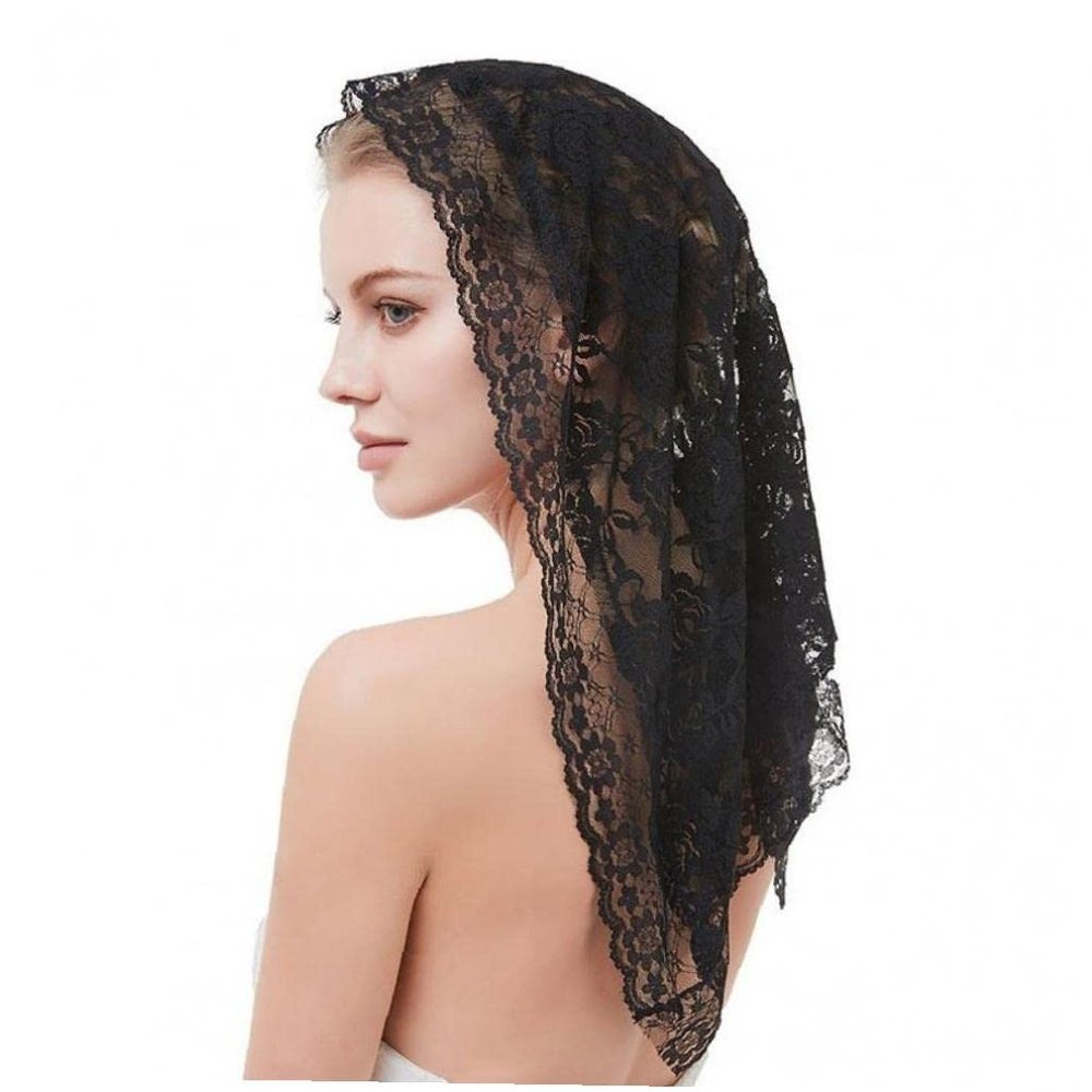 Froiny Chapel Spanish Style Lace Mantilla Women Short Shawl Triangle Scarf Traditional Catholic Head Cover Black 80x58cm