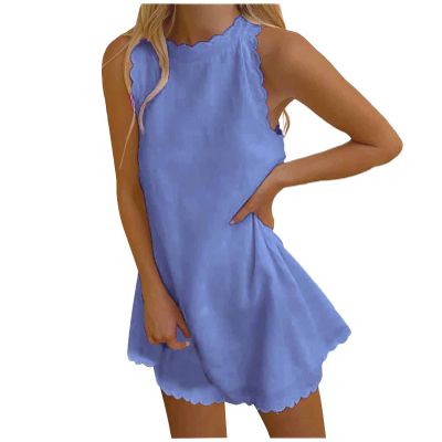 Womens Dresses Summer Casual Tank Dress Solid Sleeveless Crewneck Back Zipper Loose Swing Beach Tshirt Mini Dress Blue