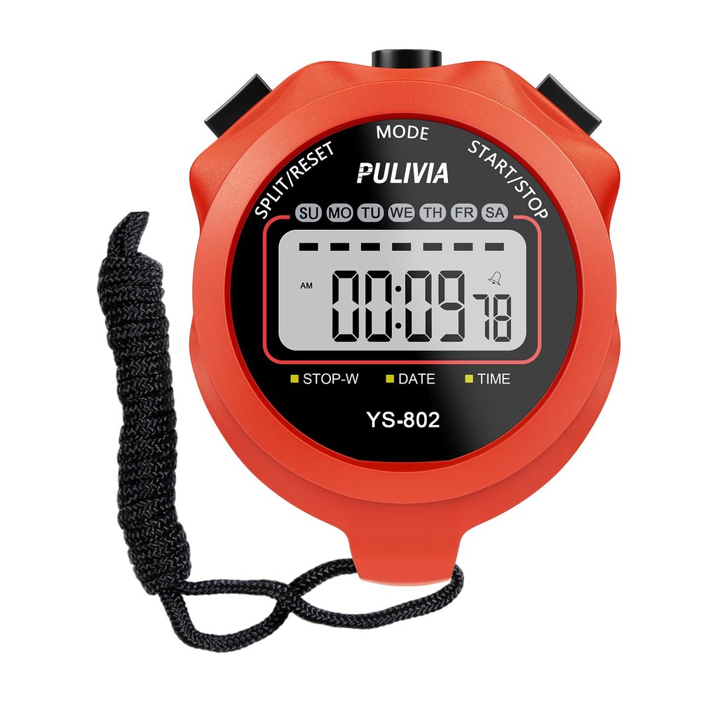 PULIVIA Sports Stopwatch Timer Single Lap Split Digital Stop Watch for Sports Kids Coaches Swimming Running, Red