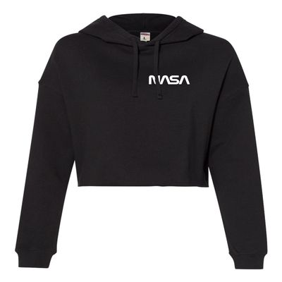 Go All Out Medium Black Women NASA Worm Logo Left Chest Cropped Hooded Sweatshirt