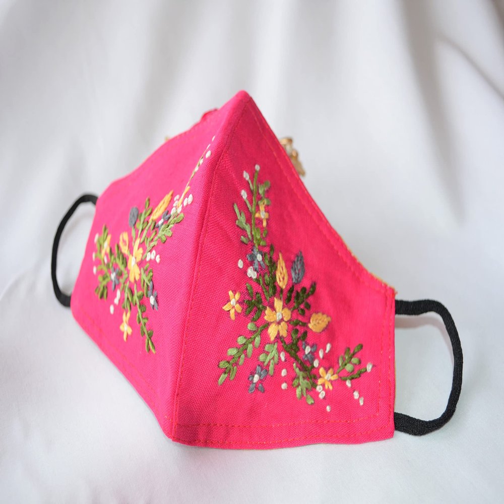 Embroidered Cotton Face masks, /Formal Mask/Embroidered Mask, Pink floral embroidered