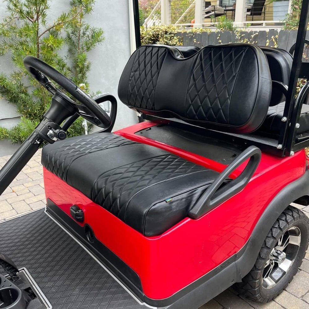 Huskey 4PCS Golf Cart Front/Rear Seat Covers for Club Car Precedent 2004+ G&E Models Custom Two-Tone Black Diamond Stitching with Black Piping,Marine Grade Vinyl Material,Staple On Design