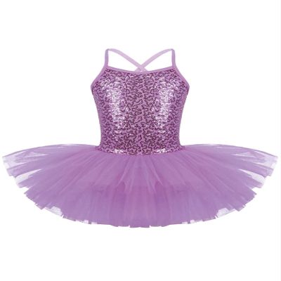 Oyolan Kids Girls Sequins Sparkly Spaghetti Straps Criss Cross Back Ballet Dance Leotard Ballerina Tutu Dress Purple 7-8 Years