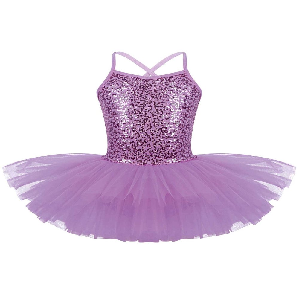 Oyolan Kids Girls Sequins Sparkly Spaghetti Straps Criss Cross Back Ballet Dance Leotard Ballerina Tutu Dress Purple 7-8 Years