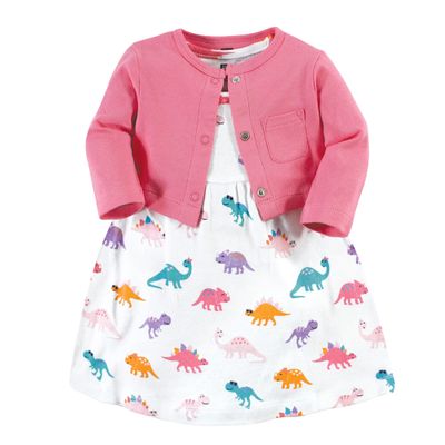 Hudson Baby Infant and Toddler Girl Cotton Dress and Cardigan Set, Cute-A-Saurus, 9-12 Months