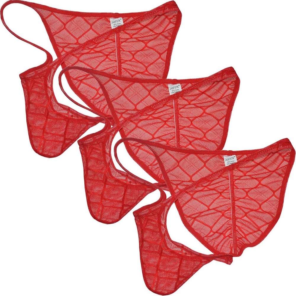 Botmois Men's See-throuhg Cheeky Briefs Bikini String Panties Pucker Back Bikini Briefs Sexy Sheer Underwear 3 Pack(Red) L