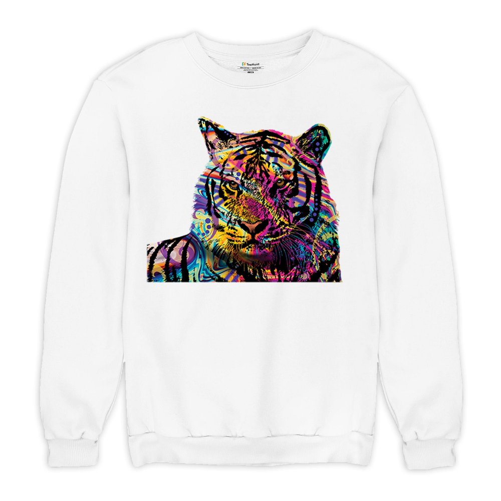Tee Hunt Dean Russo Colorful Siberian Tiger Sweatshirt Wild Big Cat Crewneck White Small