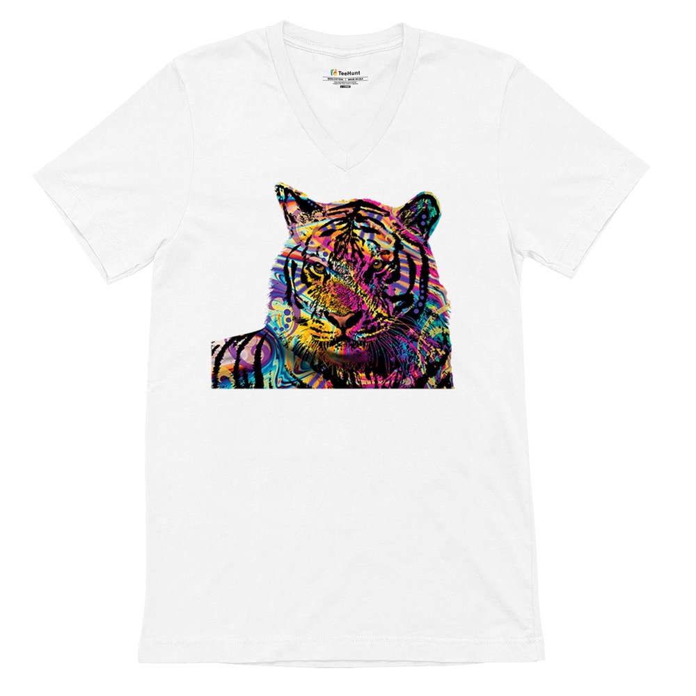 Dean Russo Colorful Siberian Tiger V-Neck T-Shirt Wild Big Cat Tee White Small