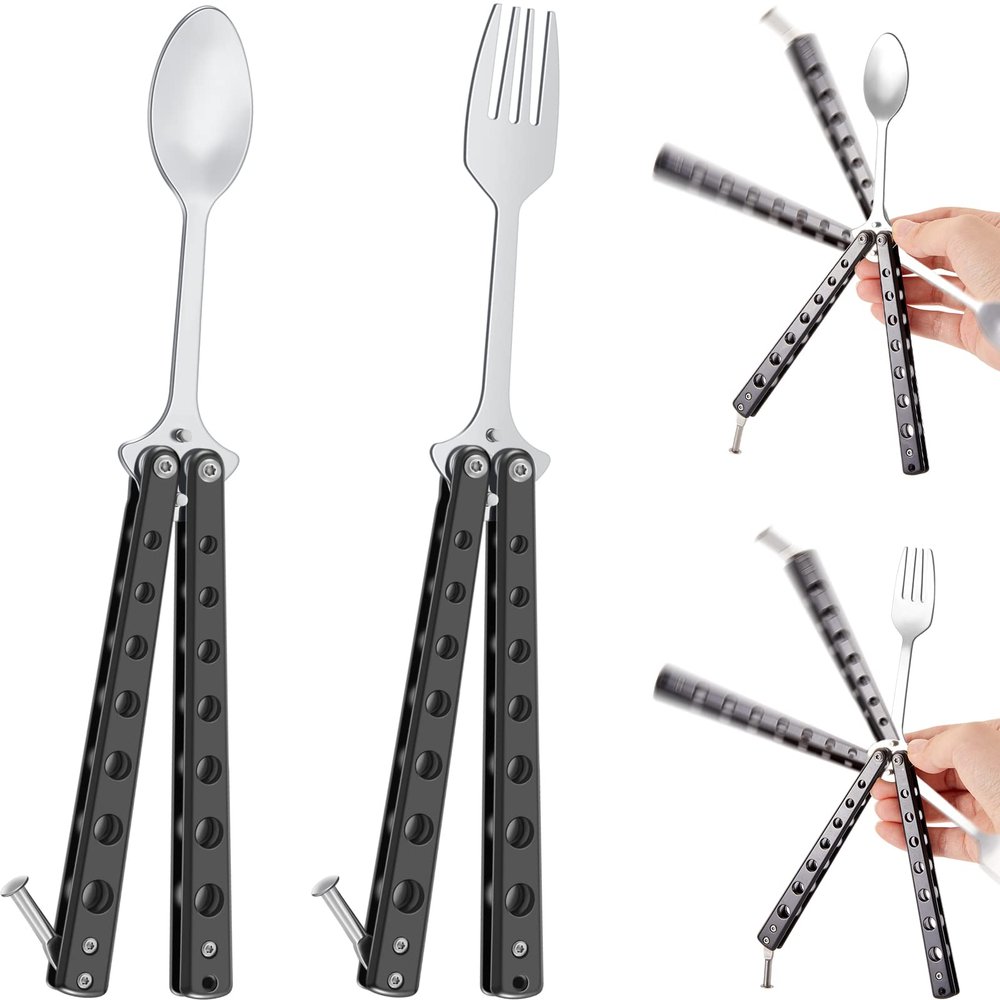 Flutesan 2 Pcs Butterfly Fork and Spoon Set, Tactical Butterfly Spoon Folding Stainless Steel Spork Utensil Set Balisong Trainer for Travel Camping Hunting BBQ Kitchen(Black)
