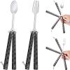 Flutesan 2 Pcs Butterfly Fork and Spoon Set, Tactical Butterfly Spoon Folding Stainless Steel Spork Utensil Set Balisong Trainer for Travel Camping Hunting BBQ Kitchen(Black) view 1