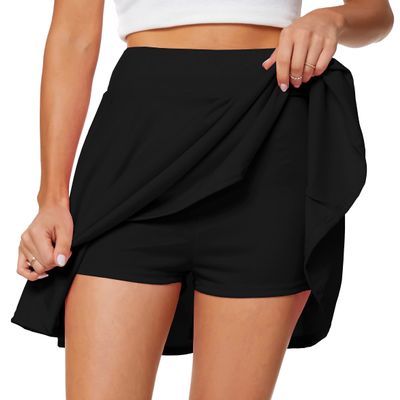 Afibi Women's Casual Basic Versatile Flared Pleated Mini Skater Skirt with Shorts (X-Small, Black)