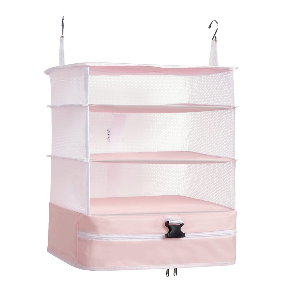ELEZAY Hanging Packing Cubes Portable Closet Shelves Travel Collapsible Compression Garment Organizer for Carry-on Luggage Suitcase with Breathable Perforated Material Large_11.8 * 11.8 * 24 in, Pink