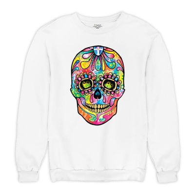Tee Hunt Dean Russo Sugar Skull Sweatshirt Day of the Dead Neon Calaver Crewneck White Small