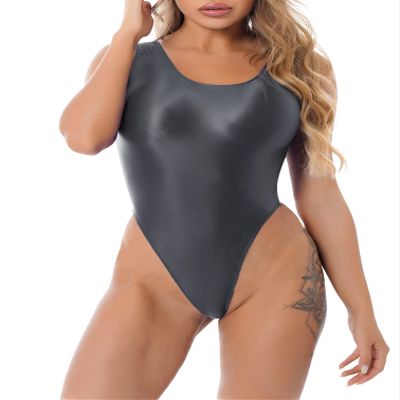 YiZYiF Women's 80s/90s Inspired Glossy Body Suit High Cut One Piece Thong Tank Leotards Swimsuits Grey Medium
